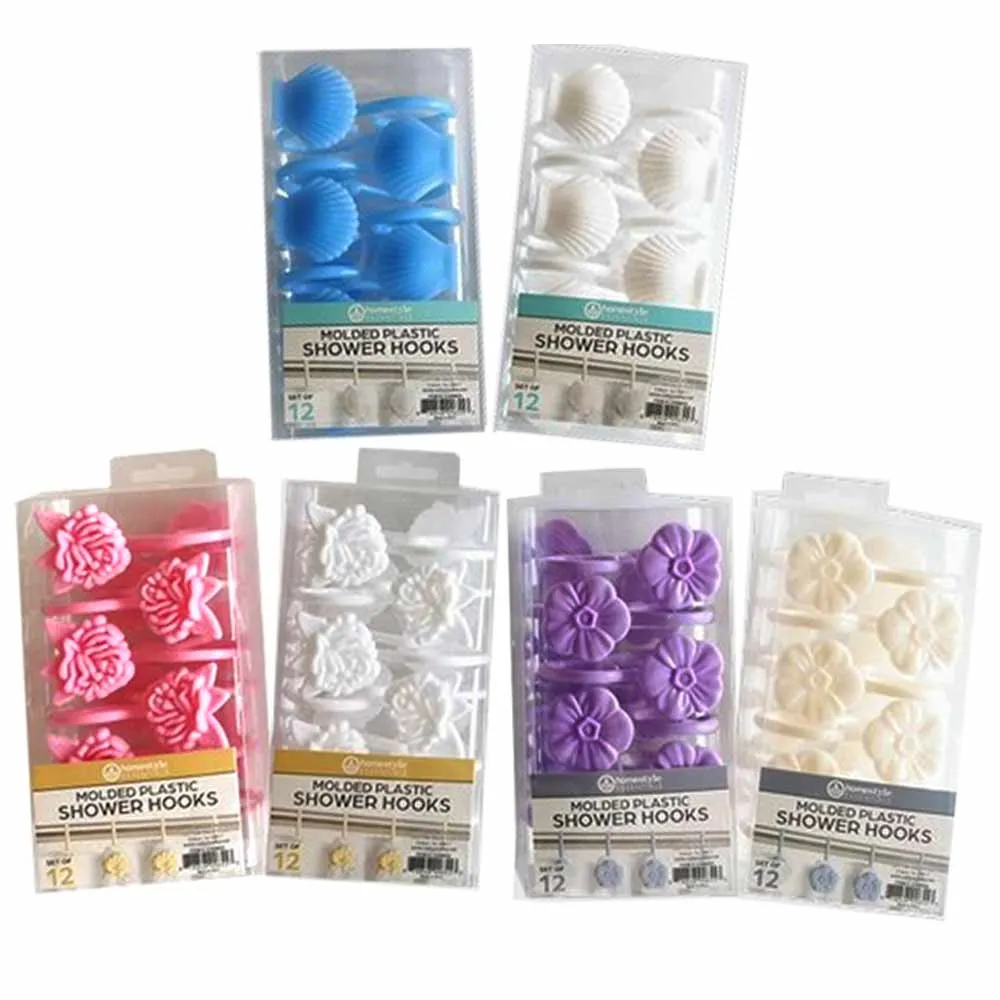 12 Pc Decorative Plastic Molded Shower Hooks Rod Curtain Rings Bathroom Colors