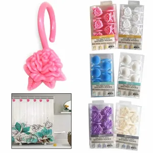 12 Pc Decorative Plastic Molded Shower Hooks Rod Curtain Rings Bathroom Colors