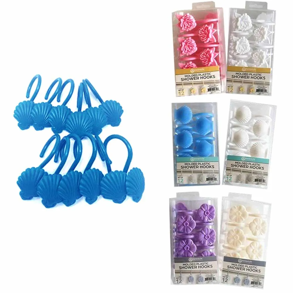 12 Pc Decorative Plastic Molded Shower Hooks Rod Curtain Rings Bathroom Colors