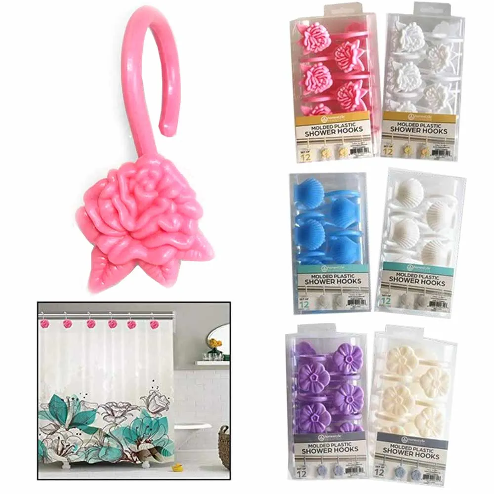 12 Pc Decorative Plastic Molded Shower Hooks Rod Curtain Rings Bathroom Colors