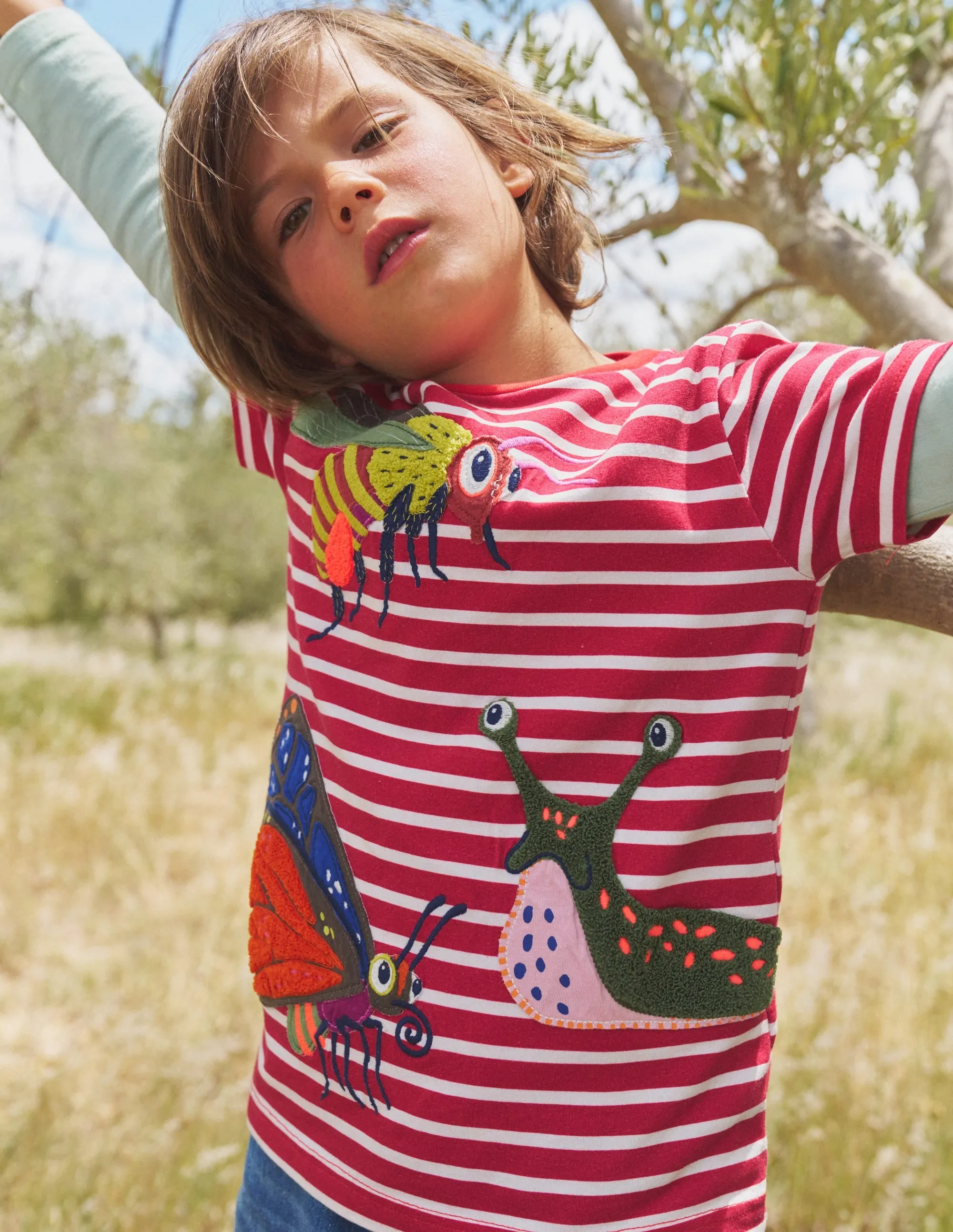 Appliqué Textured T-shirt-Jam Red/Ivory Bugs