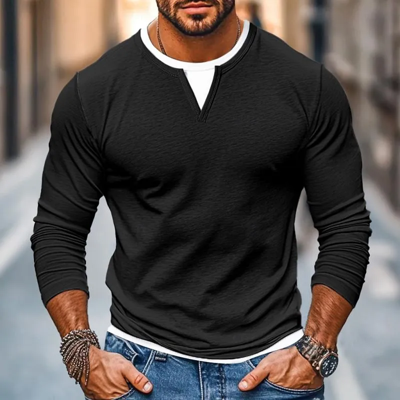 BACKWOODS | Men's Casual Color Matching Fake Two-Piece Double-Layer V-Neck Long-Sleeved T-Shirt