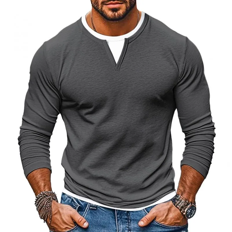 BACKWOODS | Men's Casual Color Matching Fake Two-Piece Double-Layer V-Neck Long-Sleeved T-Shirt