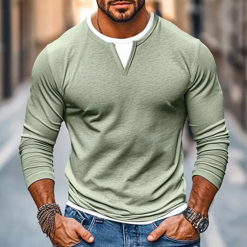 BACKWOODS | Men's Casual Color Matching Fake Two-Piece Double-Layer V-Neck Long-Sleeved T-Shirt