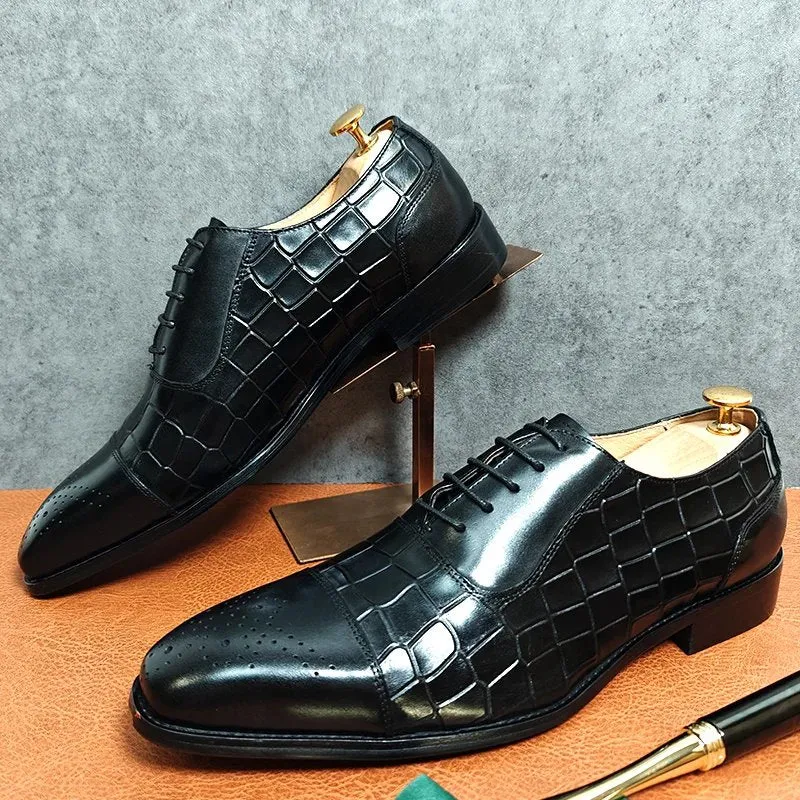 Brown Black Crocodile Print Oxford Shoes