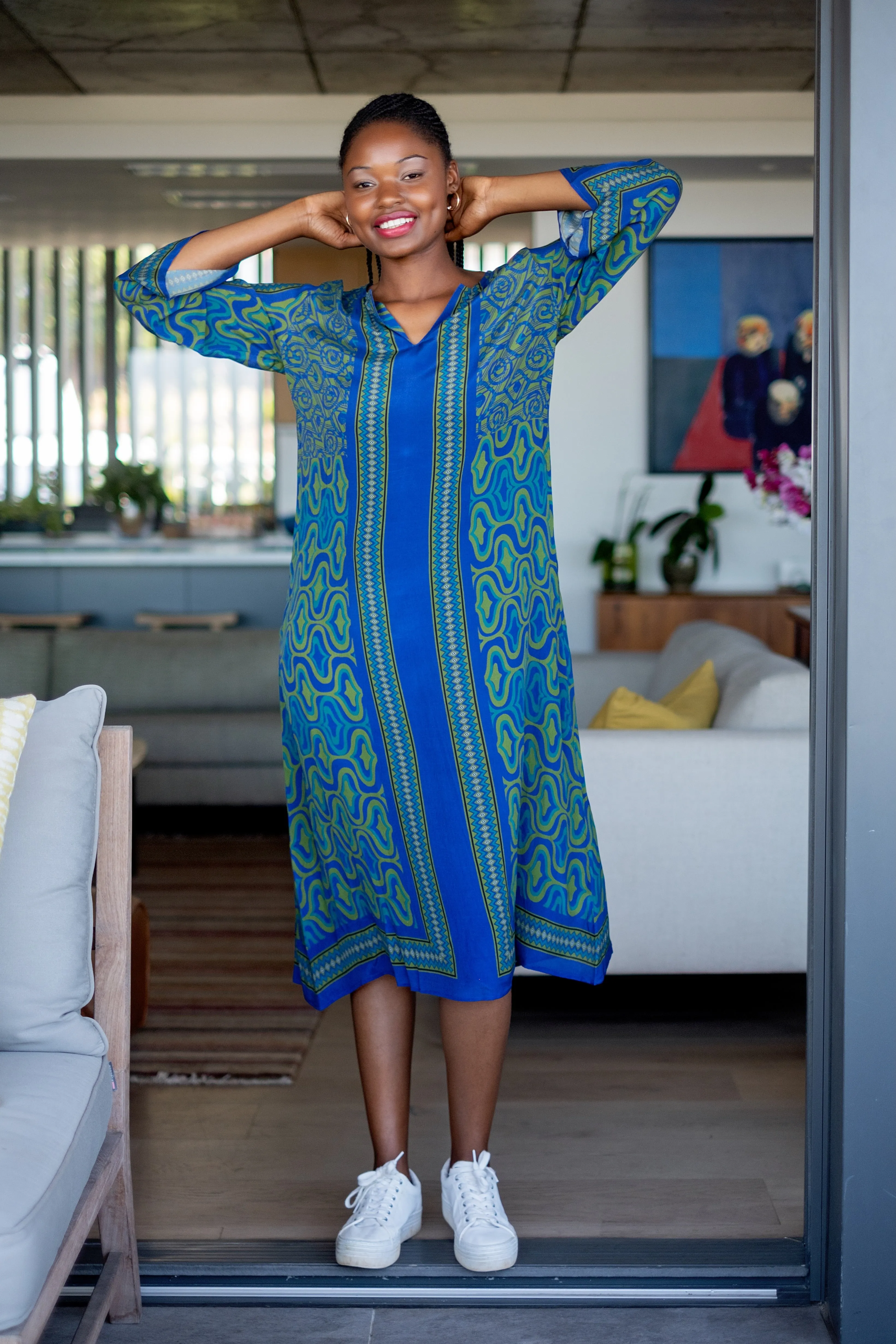 Elenor Dress Blue & Green Stripes