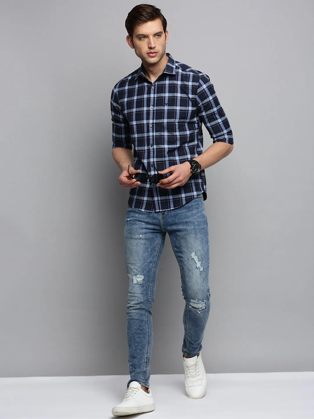 Men Navy Blue Classic Tartan Checked Casual Cotton Shirt