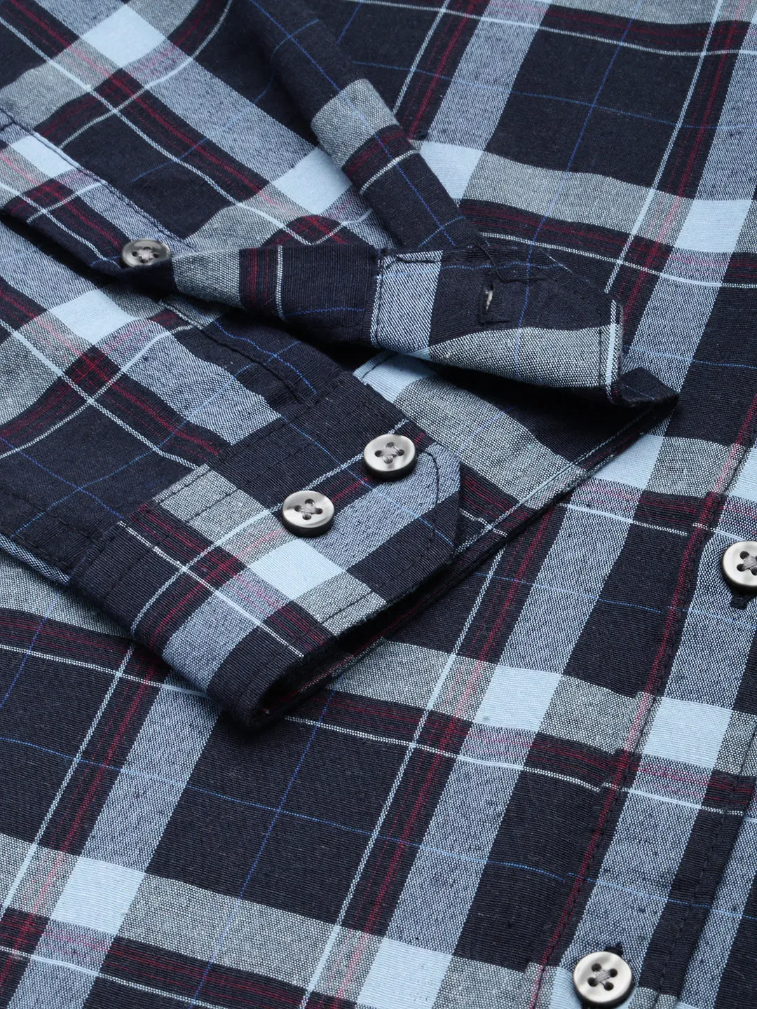 Men Navy Blue Classic Tartan Checked Casual Cotton Shirt