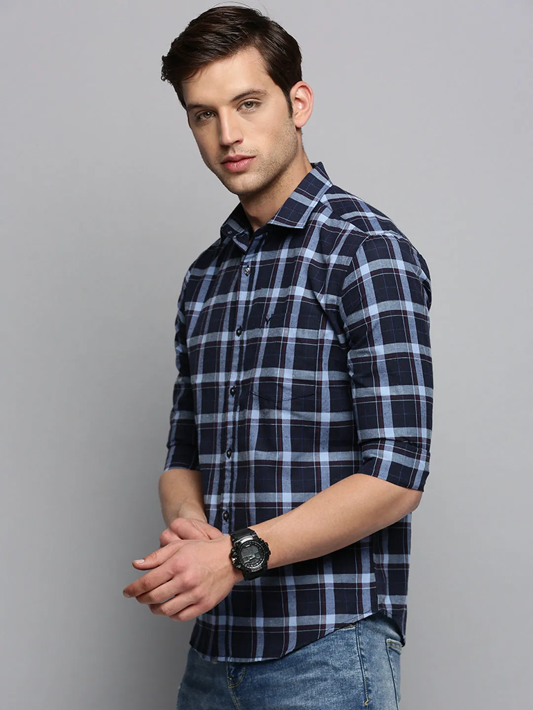 Men Navy Blue Classic Tartan Checked Casual Cotton Shirt