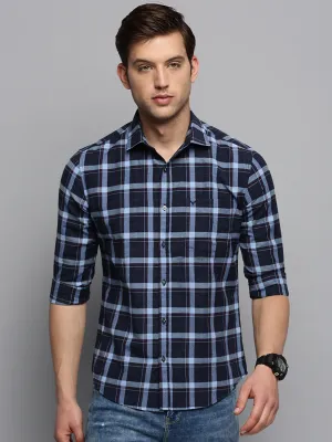 Men Navy Blue Classic Tartan Checked Casual Cotton Shirt