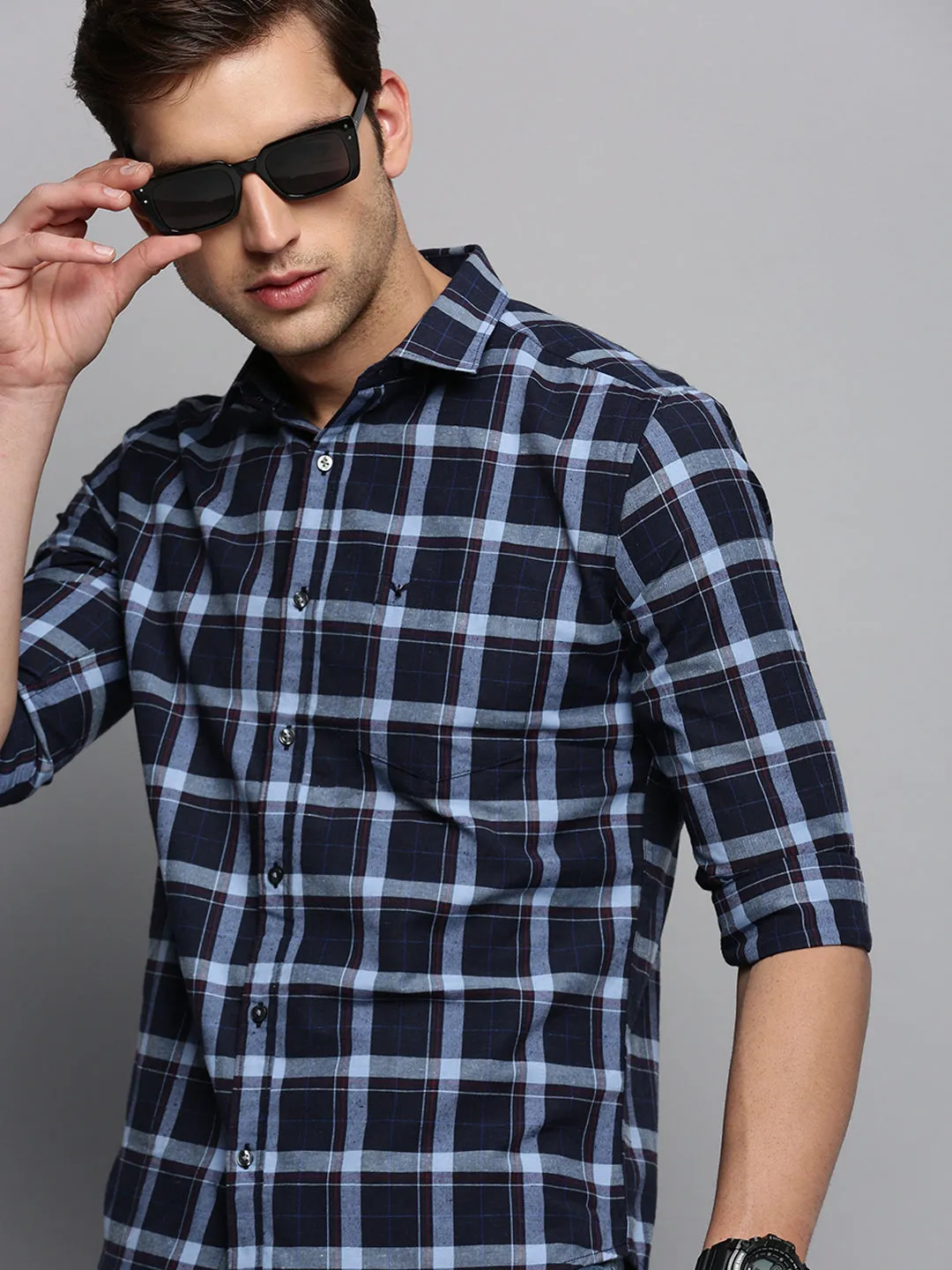 Men Navy Blue Classic Tartan Checked Casual Cotton Shirt