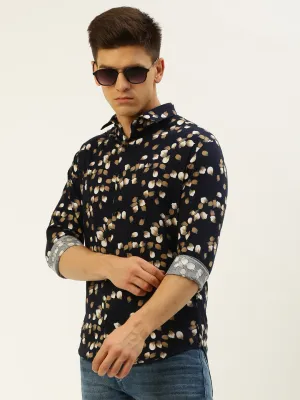 Men Navy Blue Comfort Conversational Printed Cotton Casual Shirt