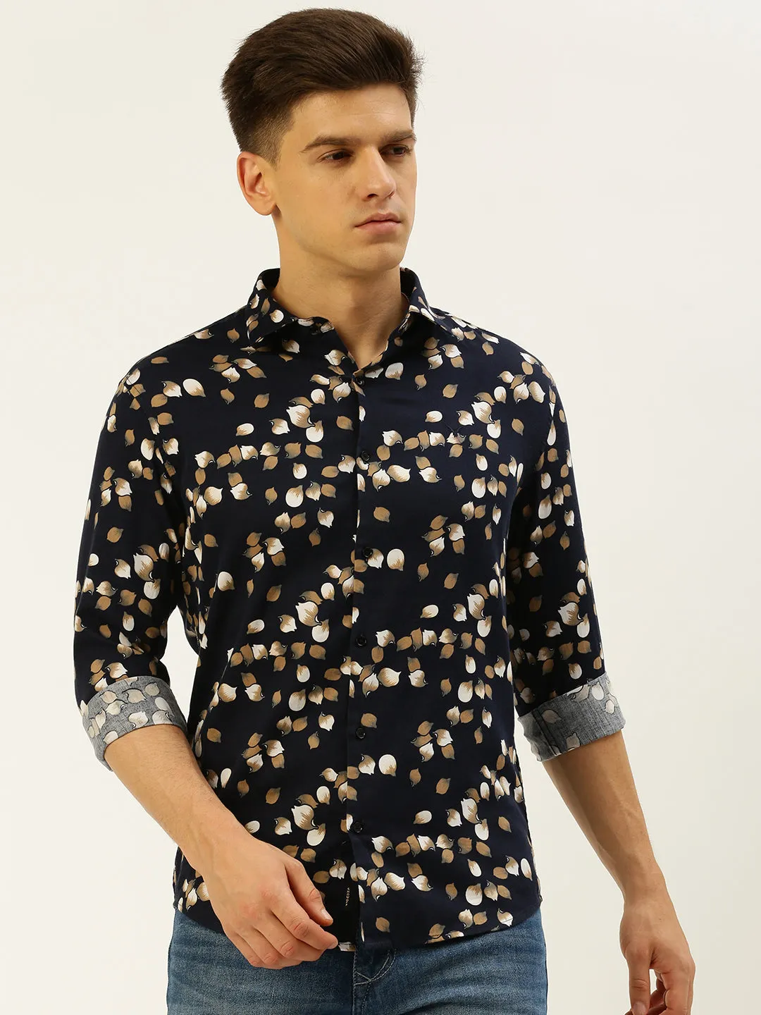 Men Navy Blue Comfort Conversational Printed Cotton Casual Shirt