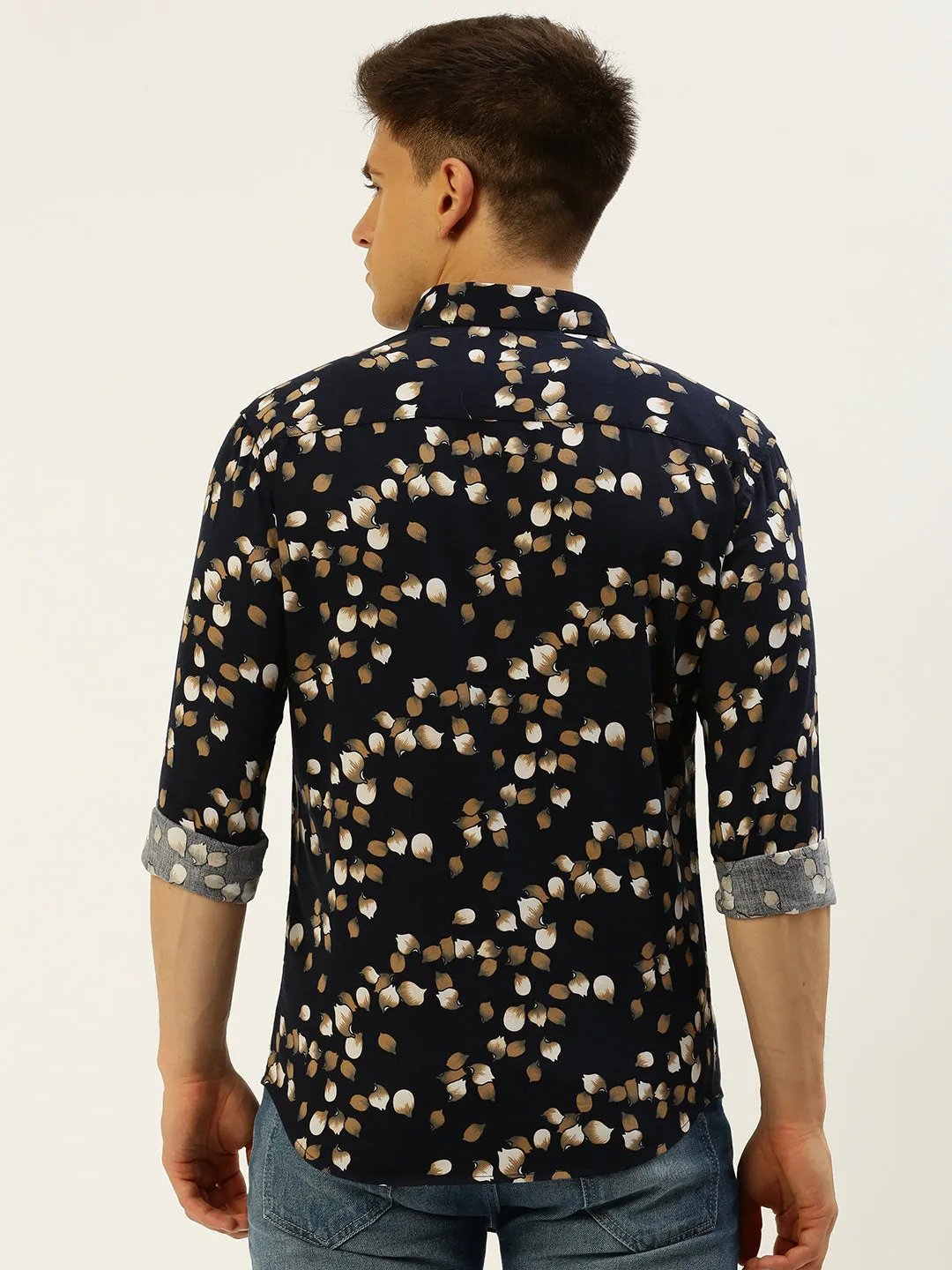 Men Navy Blue Comfort Conversational Printed Cotton Casual Shirt