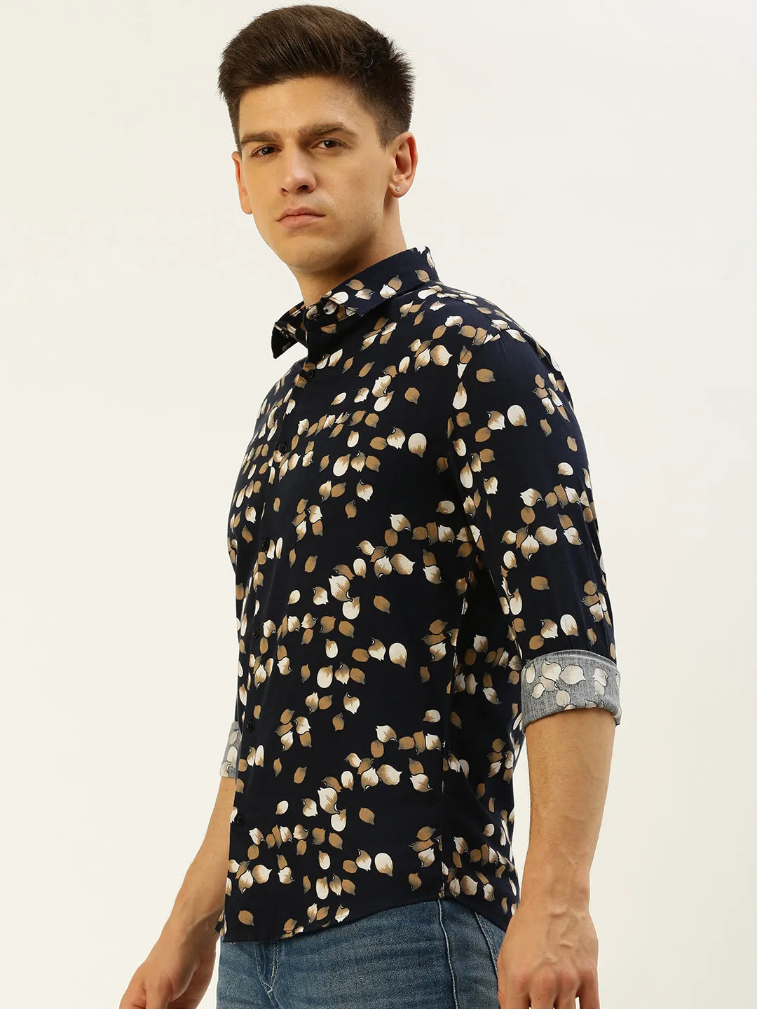Men Navy Blue Comfort Conversational Printed Cotton Casual Shirt