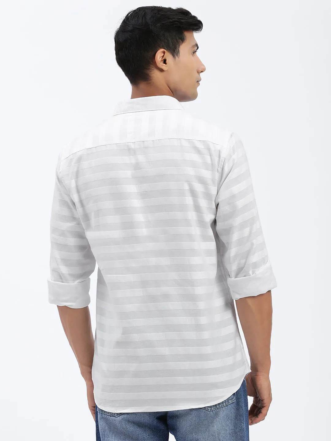 Men White Standard Spread Collar Textured Cotton Casual Shirt