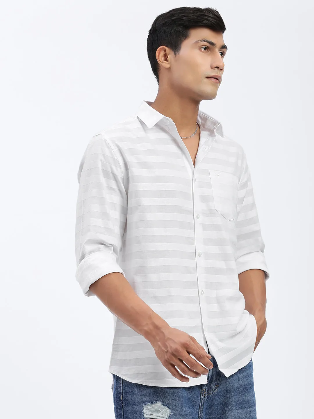 Men White Standard Spread Collar Textured Cotton Casual Shirt