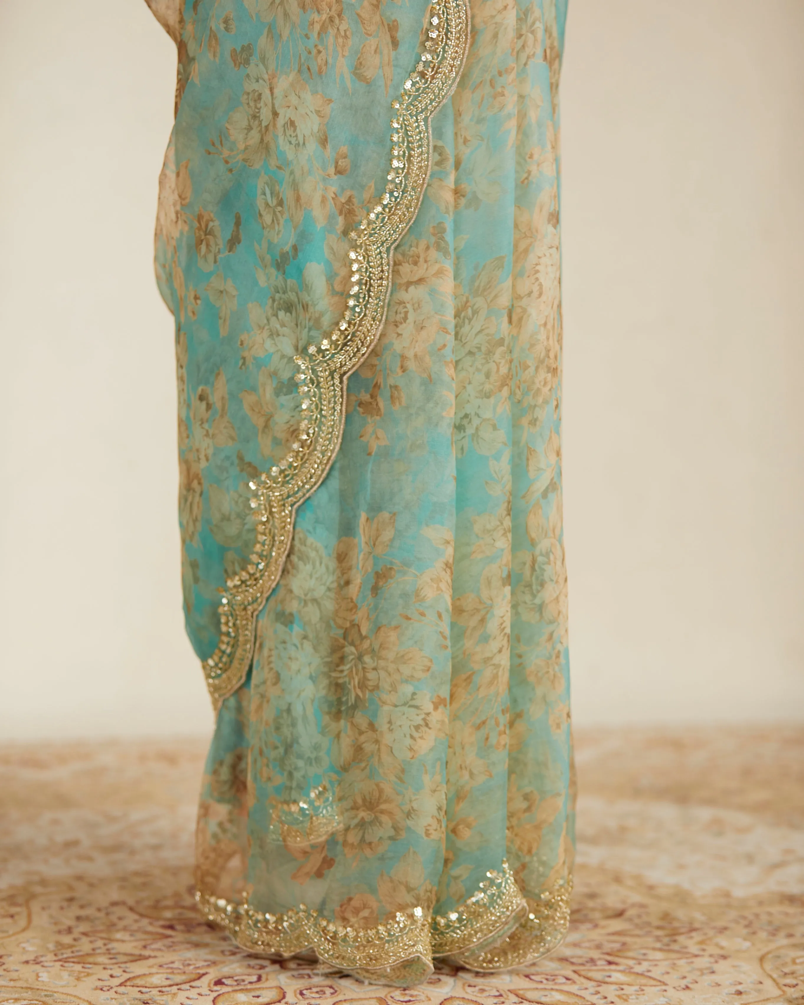 Mint Organza Floral Sari Set