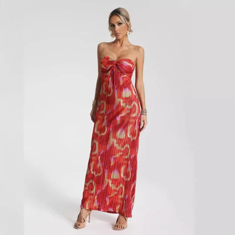 Womens Strapless Maxi Dress  Slim Fit  Pleated Fabric  Abstract Print  Formal Wear