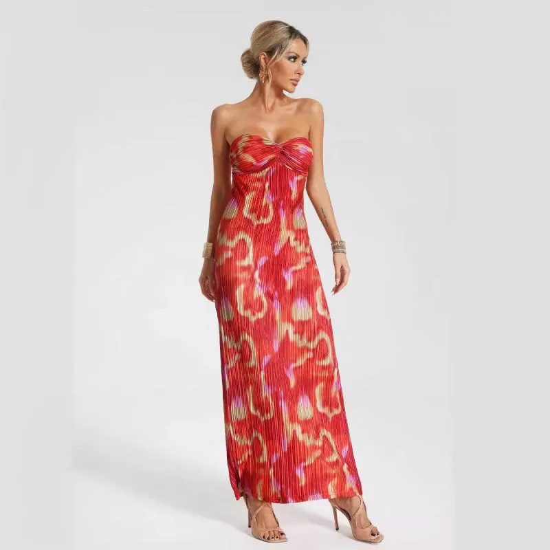 Womens Strapless Maxi Dress  Slim Fit  Pleated Fabric  Abstract Print  Formal Wear