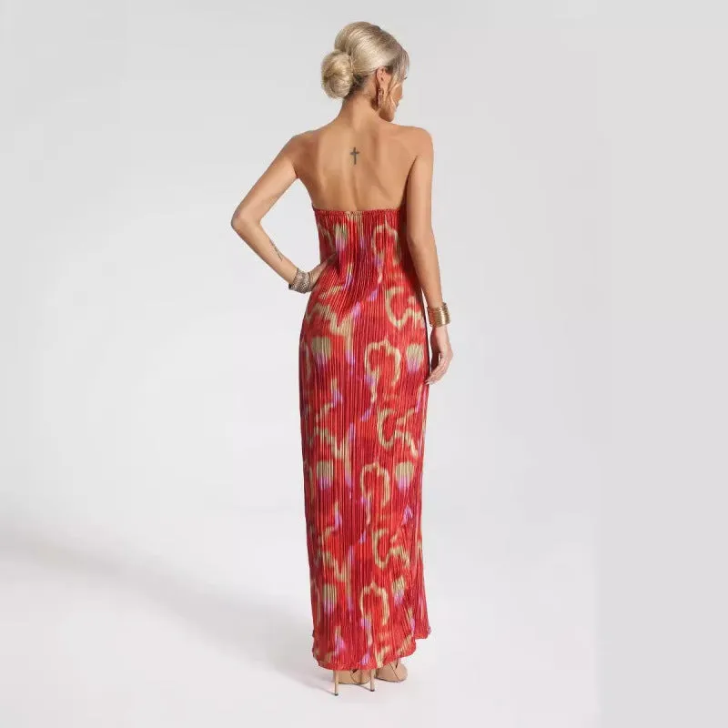 Womens Strapless Maxi Dress  Slim Fit  Pleated Fabric  Abstract Print  Formal Wear