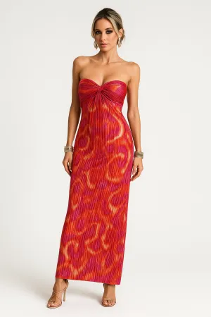 Womens Strapless Maxi Dress  Slim Fit  Pleated Fabric  Abstract Print  Formal Wear